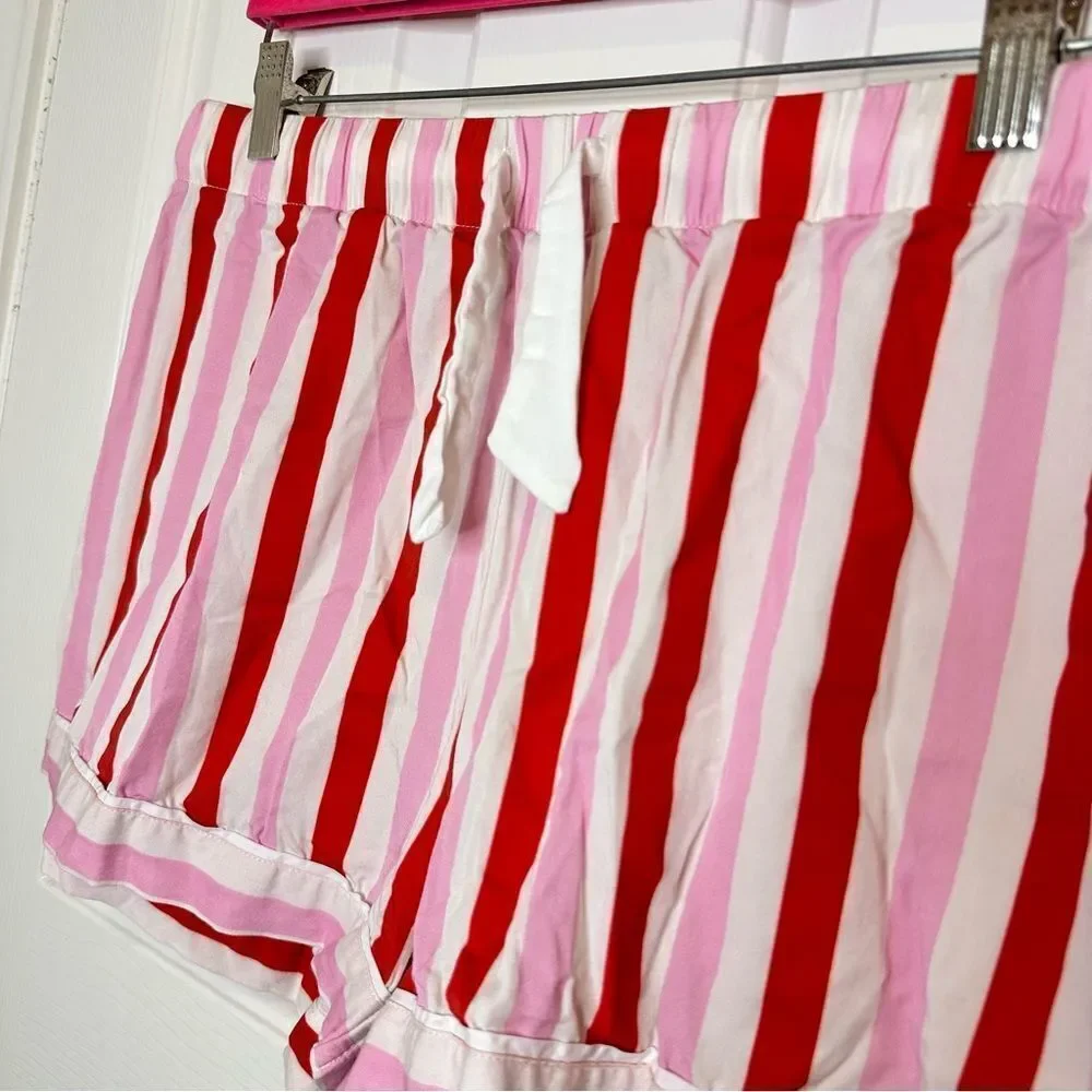 Katie Kime Red Pink White Retro Stripe  Modal Cotton Blend Pajama Shorts Sz L